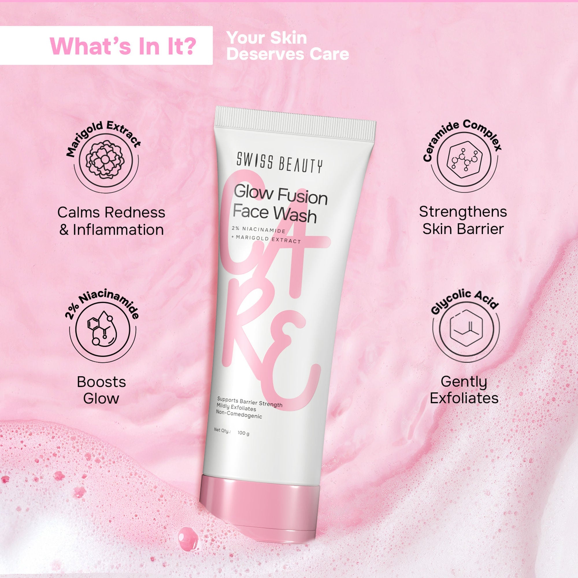 Swiss Beauty Care Glow Fusion Face Wash - 2% Niacinamide & Marigold Extract | Grocsy