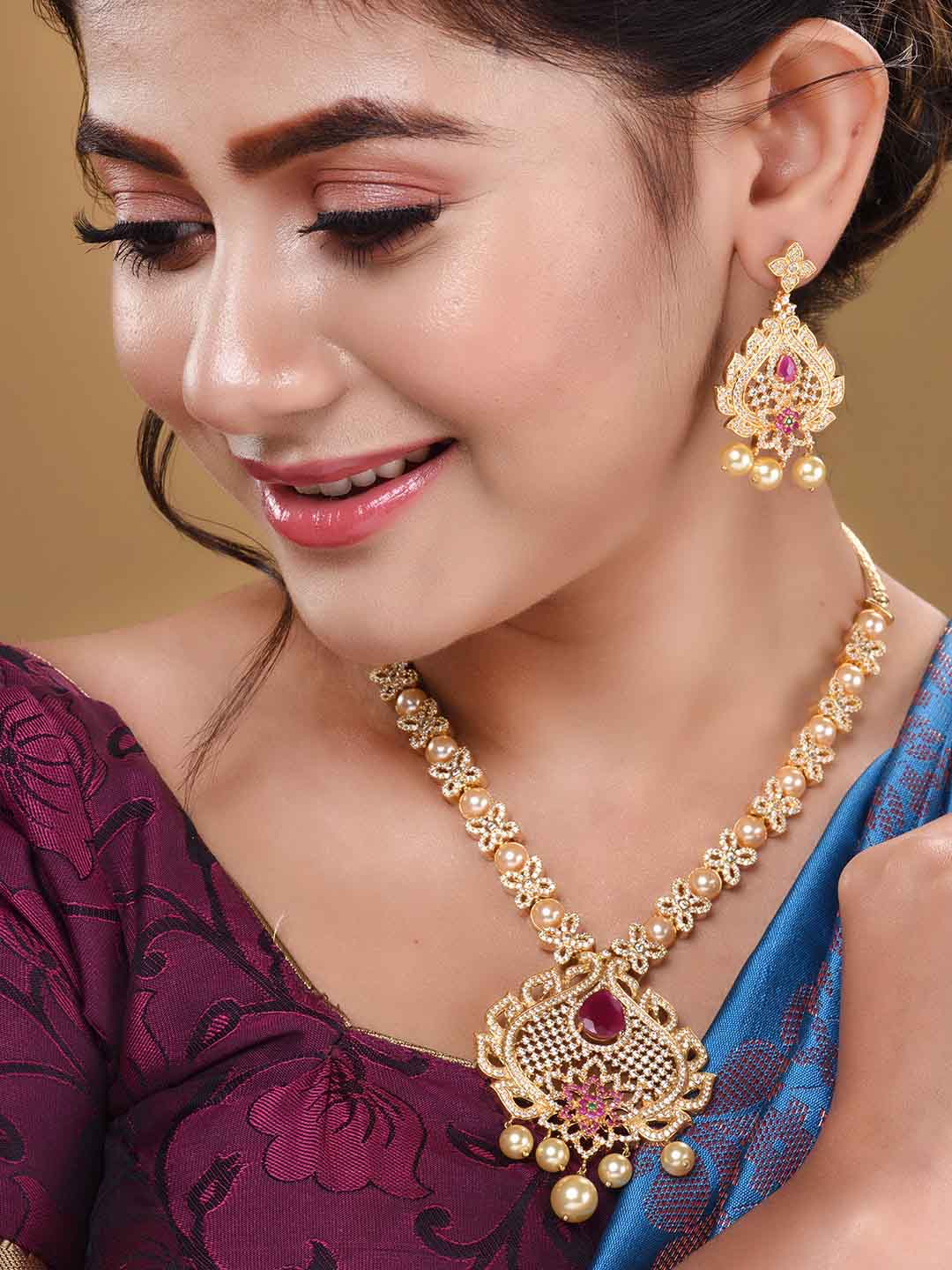 Saraf RS Jewellery Gold-Polished White & Pink American Diamond Studded & Beaded Handcrafted Jewellery Set | Grocsy