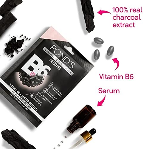 Ponds Activated Charcoal Sheet Mask, With Vitamin B6 For Clear Detox Skin, Paraben Free, Black Biodegradable Fabric, 25 ml | Grocsy