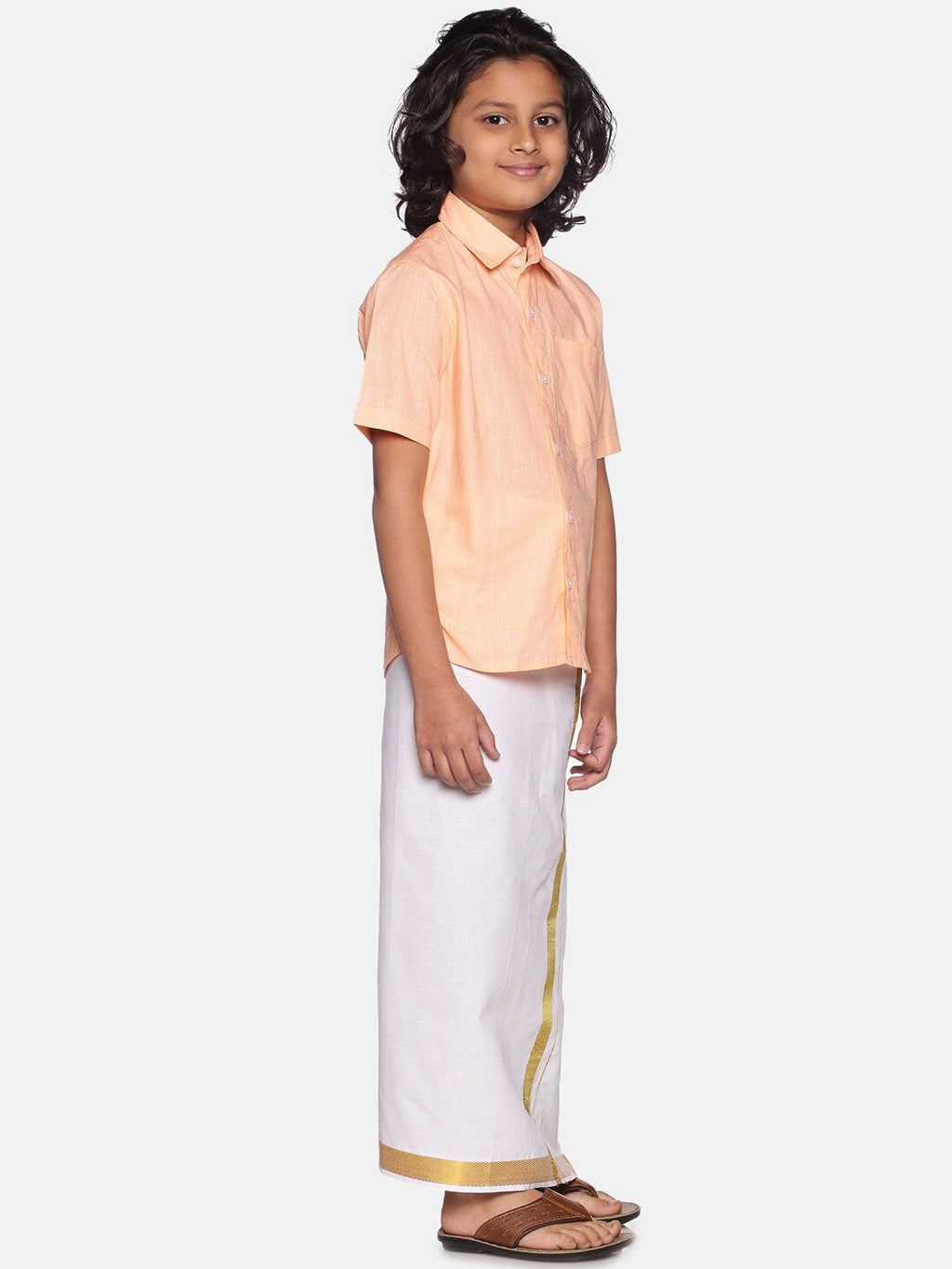 Sethukrishna Boys Orange & White Solid Cotton Shirt & Dhoti Set | Grocsy