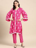 Sangria Pink Ethnic Motifs Printed Pure Cotton Kurta With Trouser | Grocsy