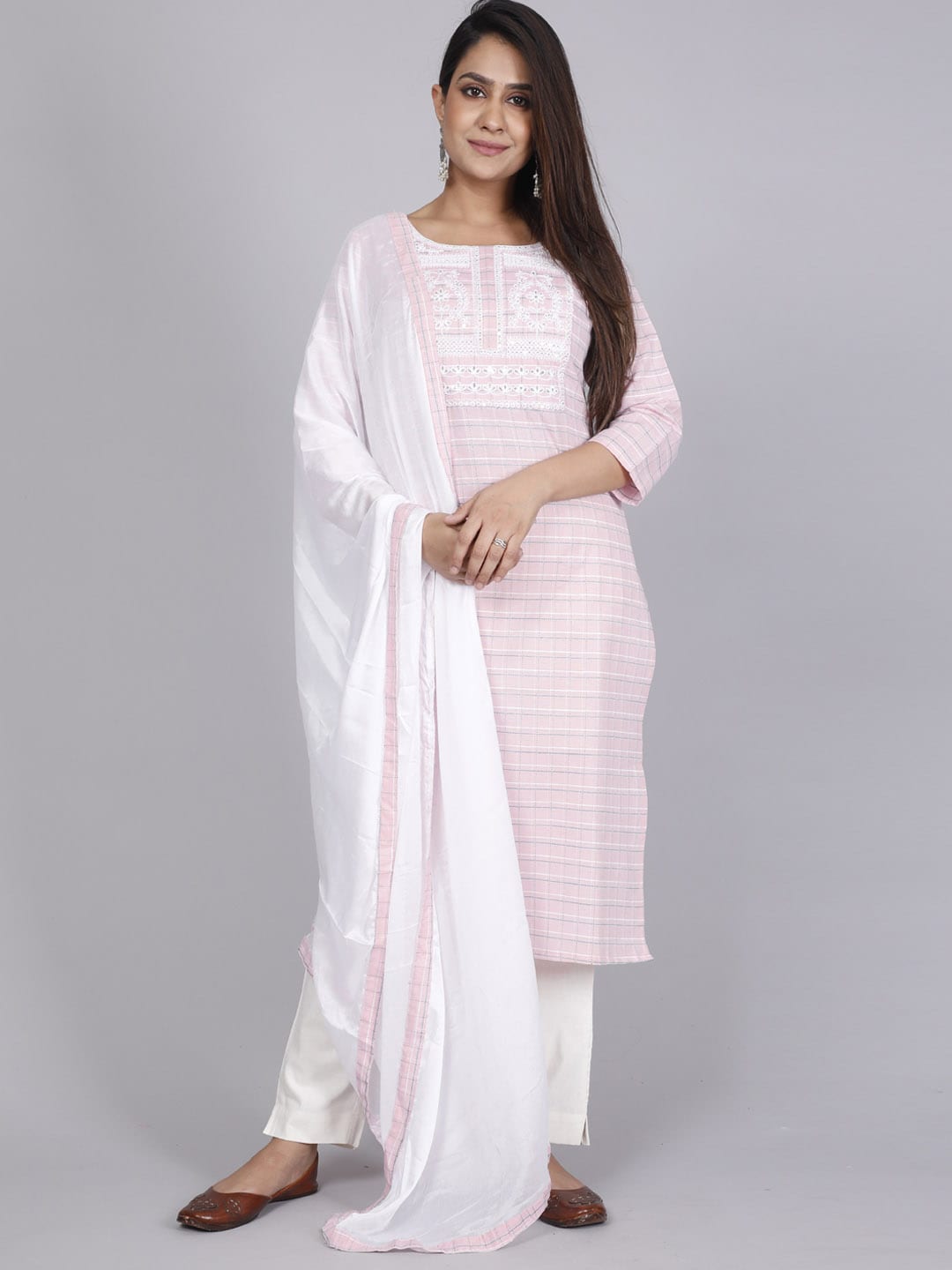 HERE&NOW Pink Embroidered Sequinned Pure Cotton Kurta with Trousers & With Dupatta | Grocsy