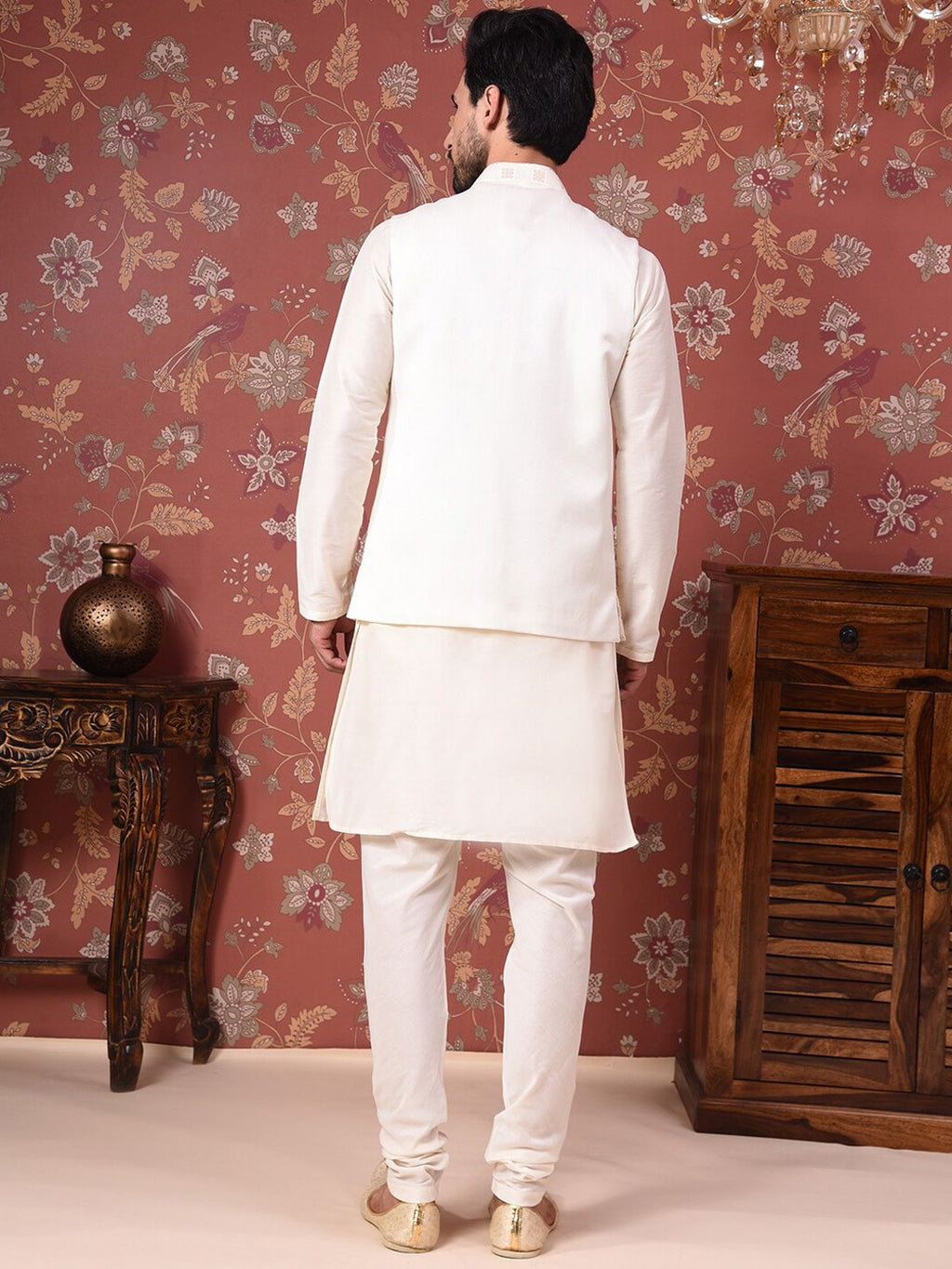 House of Pataudi Straight Kurta With Churidar & Embroidered Nehru Jacket | Grocsy