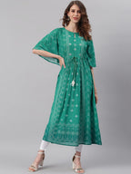 Janasya Women Green Ethnic Motifs Printed Keyhole Neck Flared Sleeves Georgette Kaftan Kurta | Grocsy