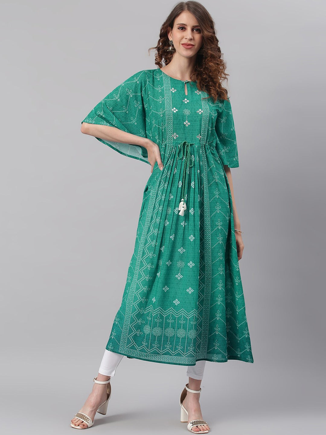 Janasya Women Green Ethnic Motifs Printed Keyhole Neck Flared Sleeves Georgette Kaftan Kurta | Grocsy