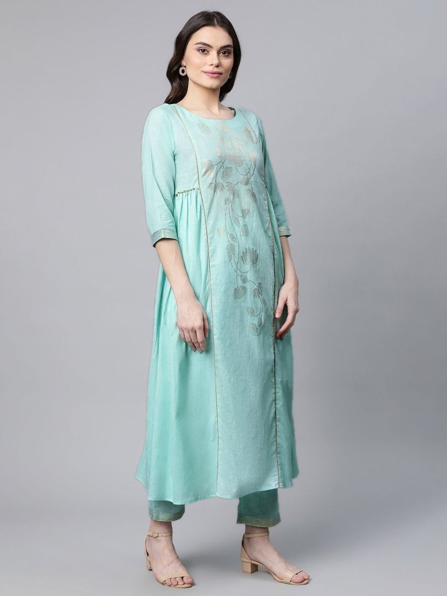 Ahalyaa Women Sea Green Colour Pure Cotton Gold Foil Print Kurta Pant Set | Grocsy