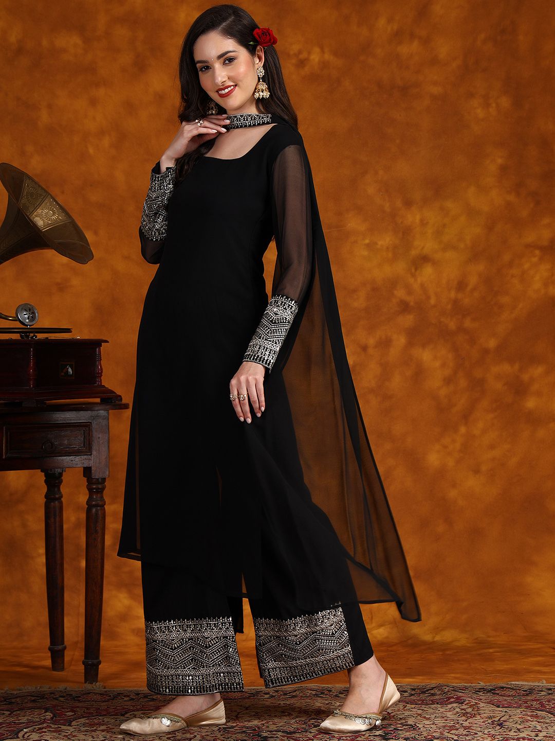 Sangria Embroidery Georgette Kurta Palazzo With Dupatta Set | Grocsy