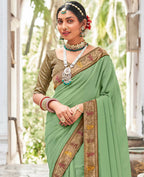 Green Vichitra Solid Saree With Unstitched Blouse Piece - Juhi | Grocsy