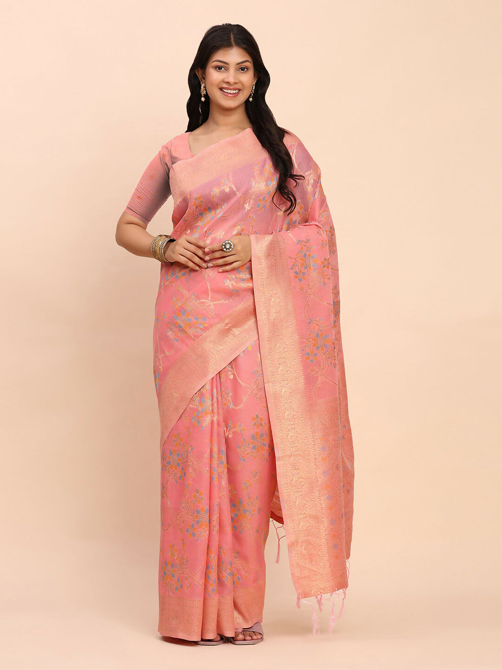 Shree Shyam Fashion Linen Cotton Peach Saree | Grocsy
