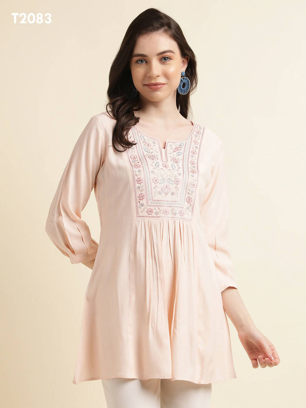 Peach Viscose Rayon Yoke Embroidered A-line Top - Tarini | Grocsy