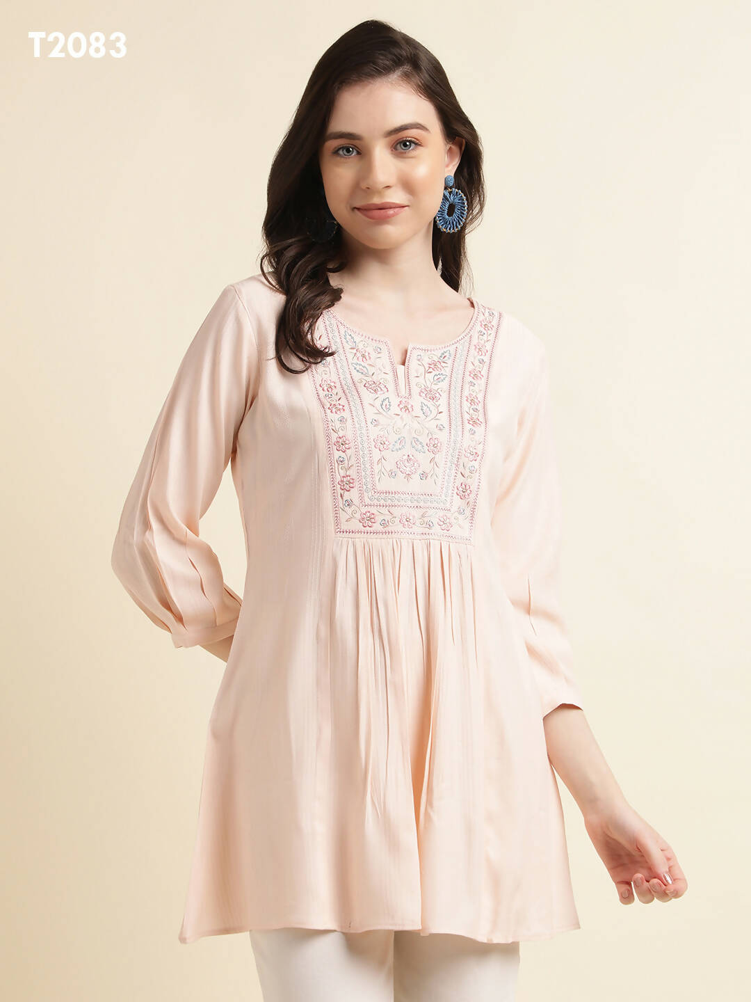 Peach Viscose Rayon Yoke Embroidered A-line Top - Tarini | Grocsy