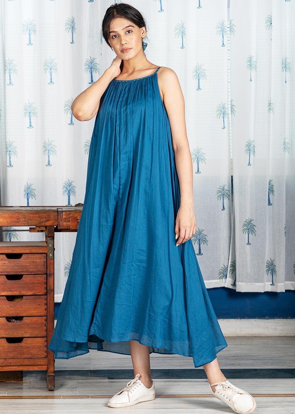 Pimu Cotton Solid Dress for Women - Teal Blue | Grocsy