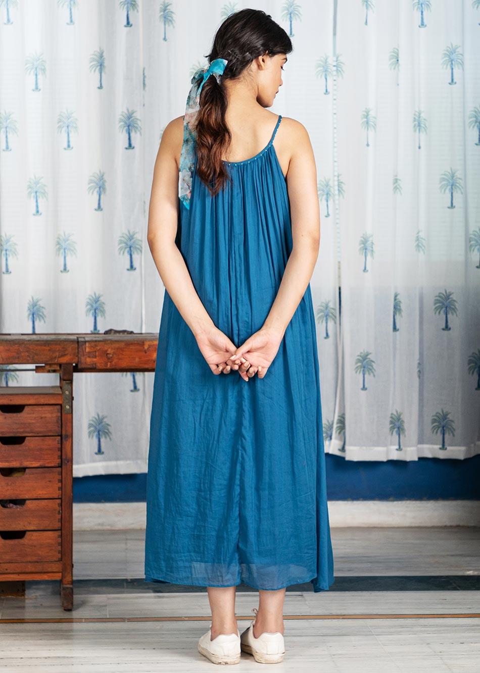 Pimu Cotton Solid Dress for Women - Teal Blue | Grocsy