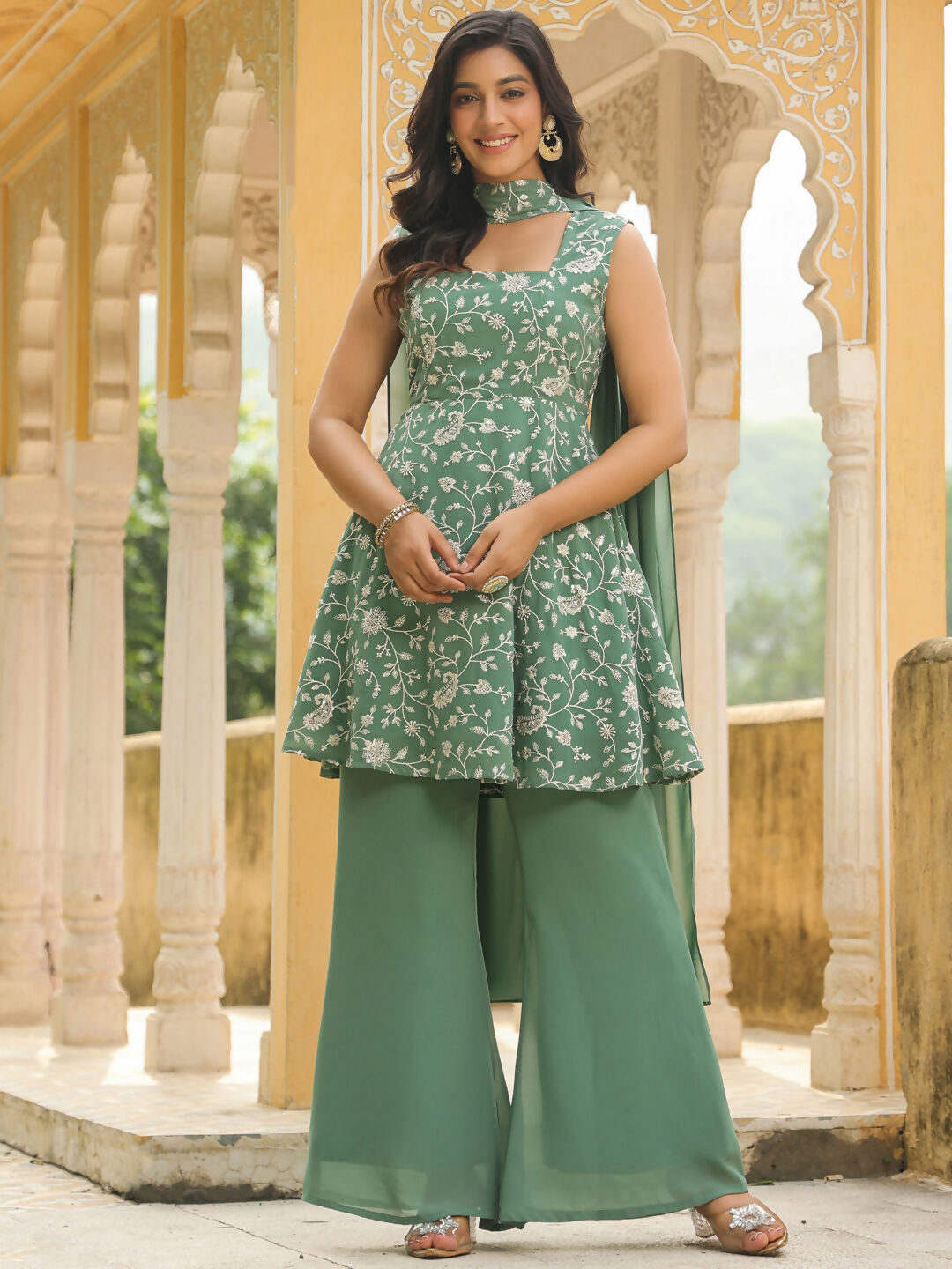 Janasya Sage Green Georgette Embroidered Kurta,Bottom & Dupatta | Grocsy