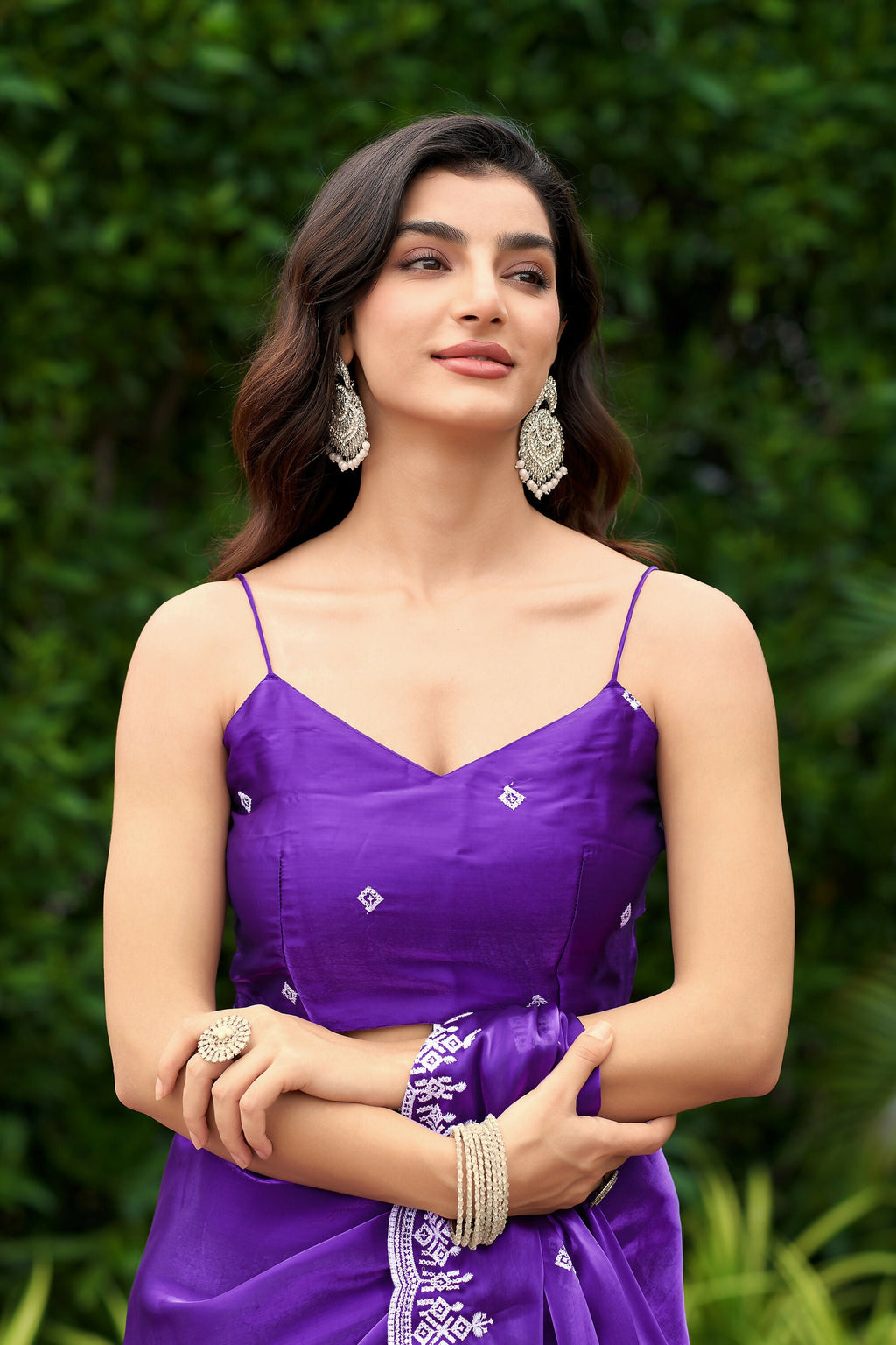 Vastranavya Purple-Blue Embroidery Work Shimmer Chiffon Saree with Unstitched Blouse | Grocsy