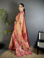 Joban Fashion Dark Peach Zari Weaving Tissue Paithani Saree | Grocsy