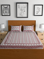Urban Magic Pink & White Ethnic Motifs Cotton 104 TC King Bedsheet & 2 Pillow Covers | Grocsy
