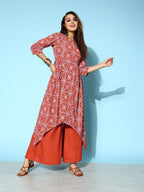 All About You Brick Red Printed Dipped Hem Veere Di Wedding A-Line Kurta with Palazzos | Grocsy