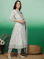 Sangria White & Green Floral Printed A-Line Kurta With Trouser & Dupatta | Grocsy