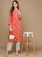 HERE&NOW Rust Orange & White Floral Printed Straight Kurta | Grocsy