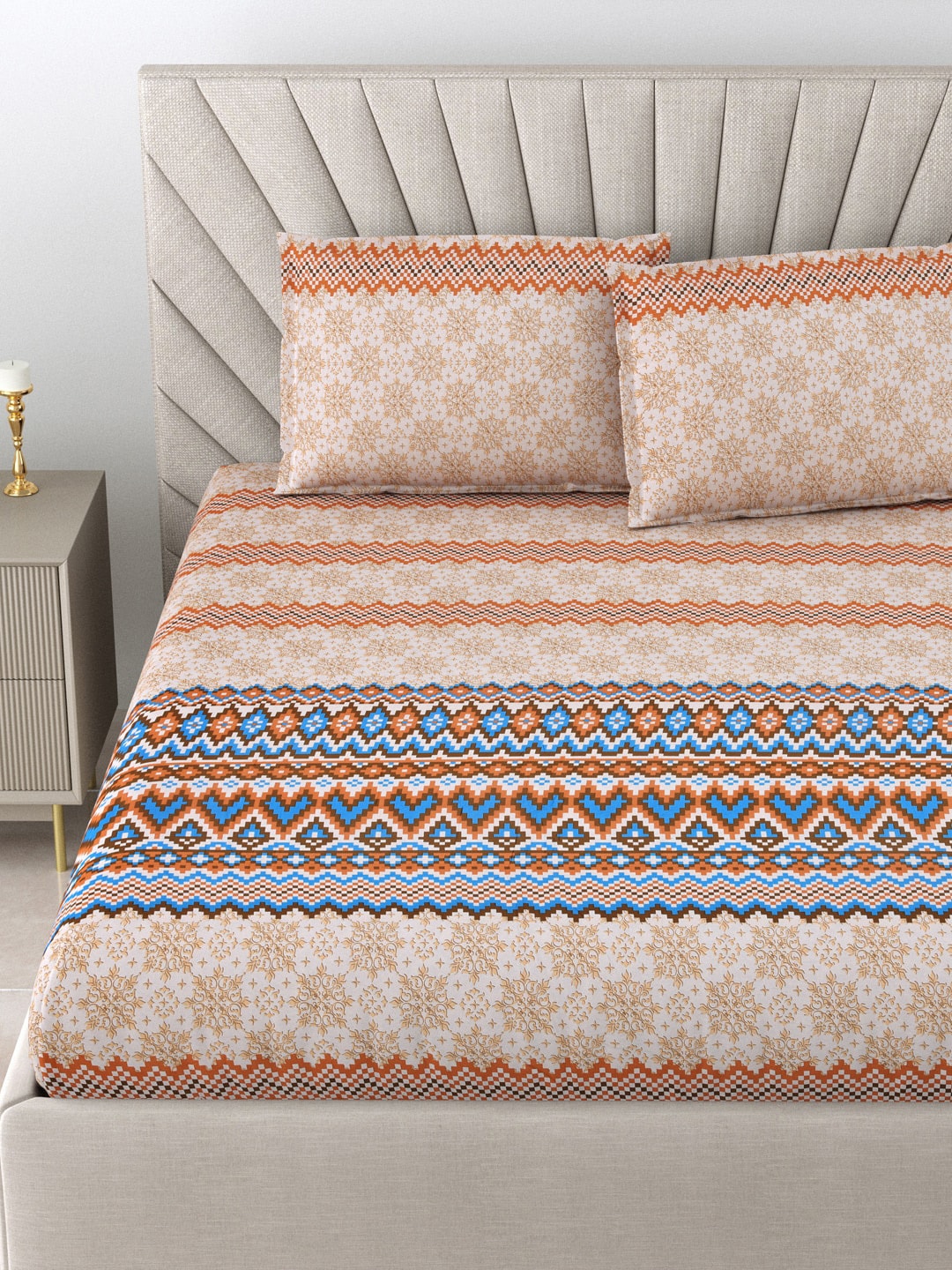 BOMBAY DYEING Brown & Blue Ethnic Motifs Cotton 250 TC King Bedsheet With 2 Pillow Covers | Grocsy