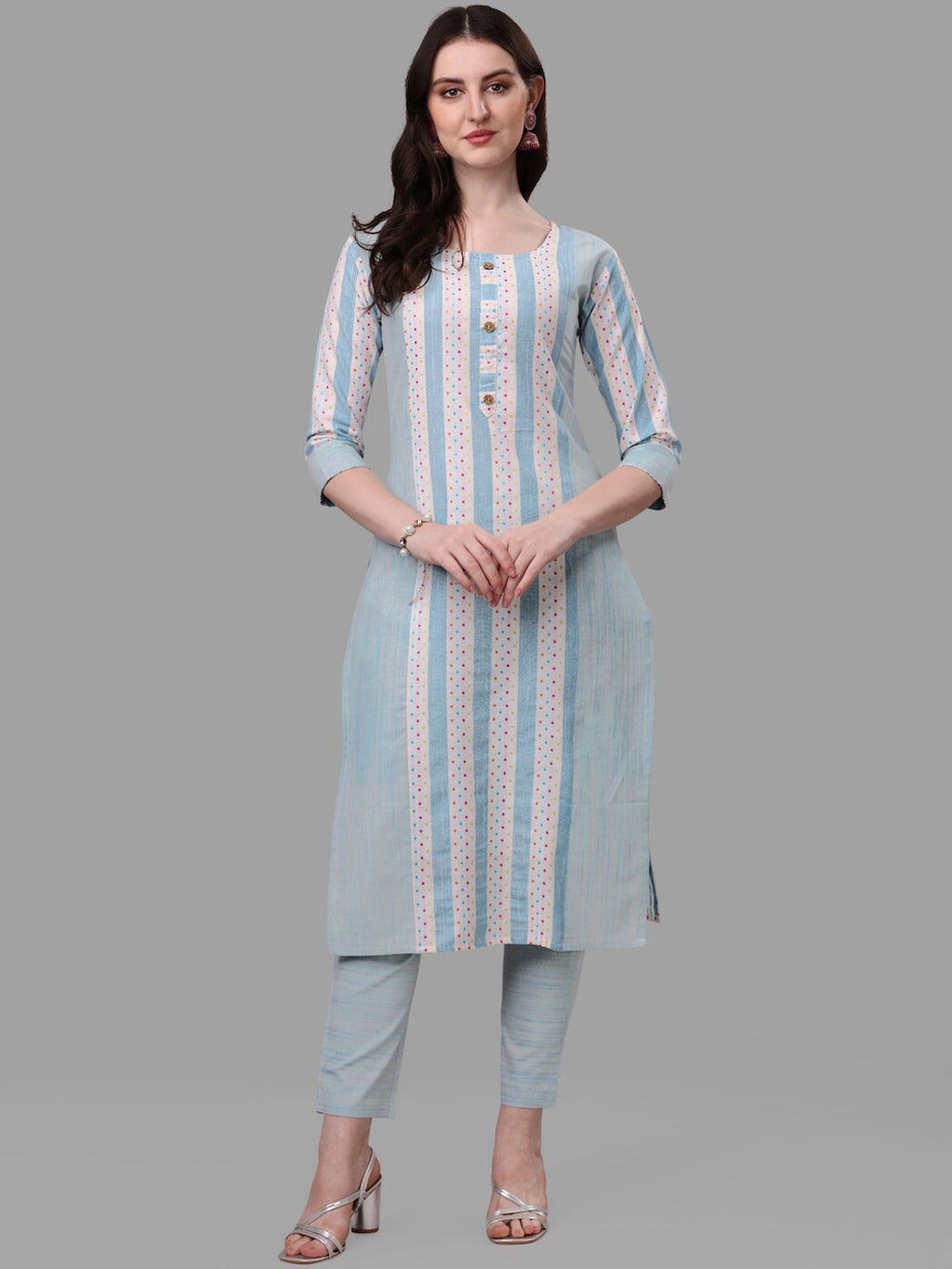 HERE&NOW Turquoise Blue Striped Regular Pure Cotton Kurta with Trousers & With Dupatta | Grocsy