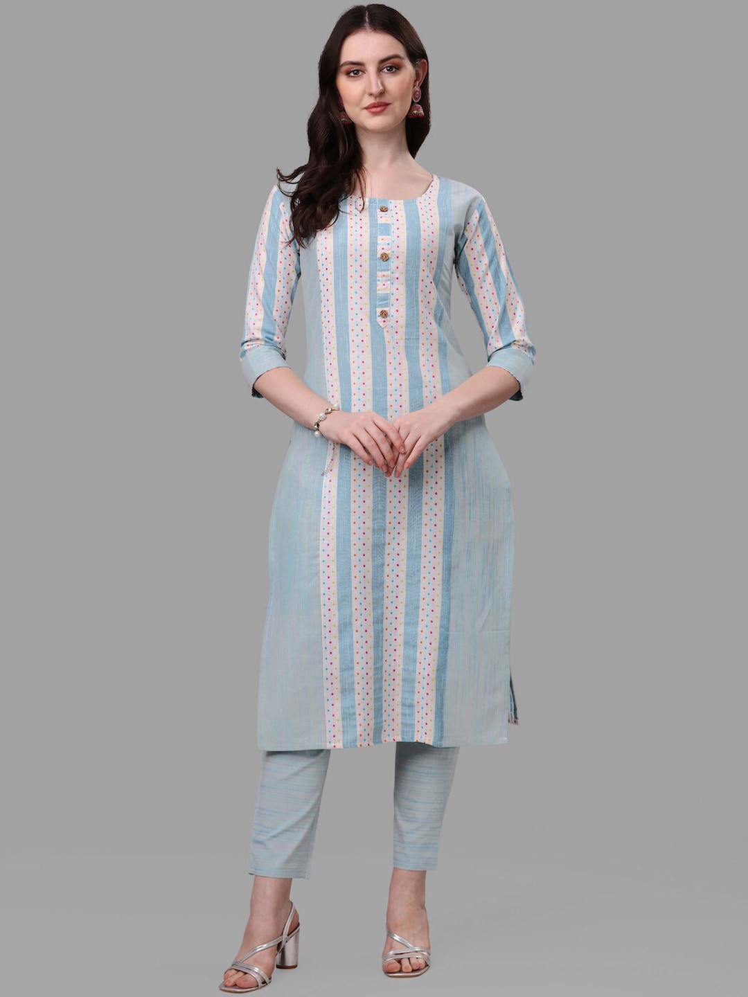 HERE&NOW Turquoise Blue Striped Regular Pure Cotton Kurta with Trousers & With Dupatta | Grocsy