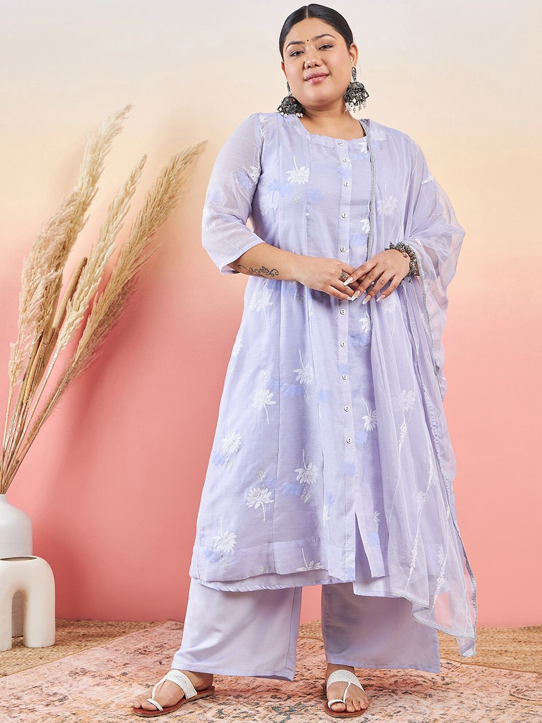 Sztori Floral Printed Round Neck A-Line Kurta with Palazzo & Dupatta | Grocsy