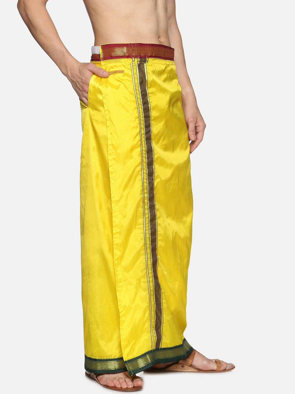 Sethukrishna Men Yellow & Green Solid Readymade Veshti Dhoti | Grocsy