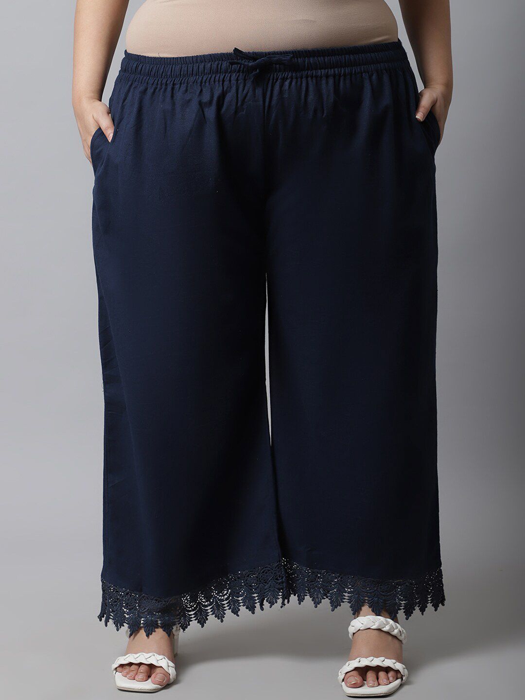 TAG 7 Women Navy Blue Linen Plus Size Lace Ethnic Palazzos | Grocsy