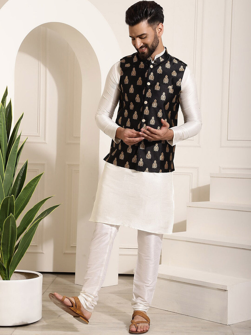 Sojanya Band Collar Straight Kurta & Churidar with Nehru jacket | Grocsy