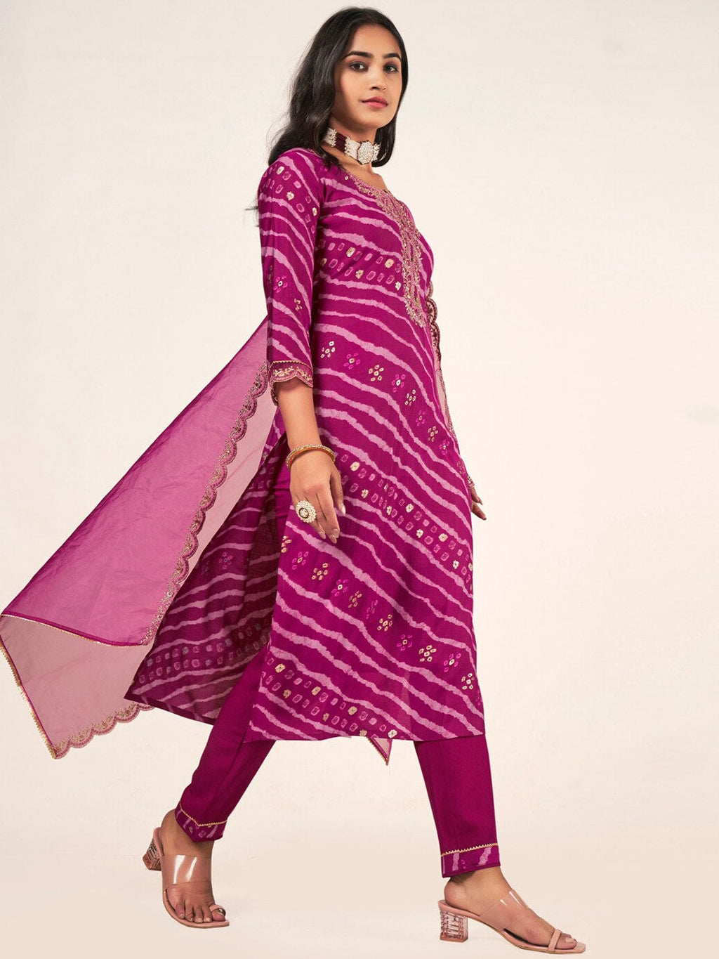 Sangria Leheriya Printed Embroidered Straight Kurta With Trousers & Dupatta | Grocsy