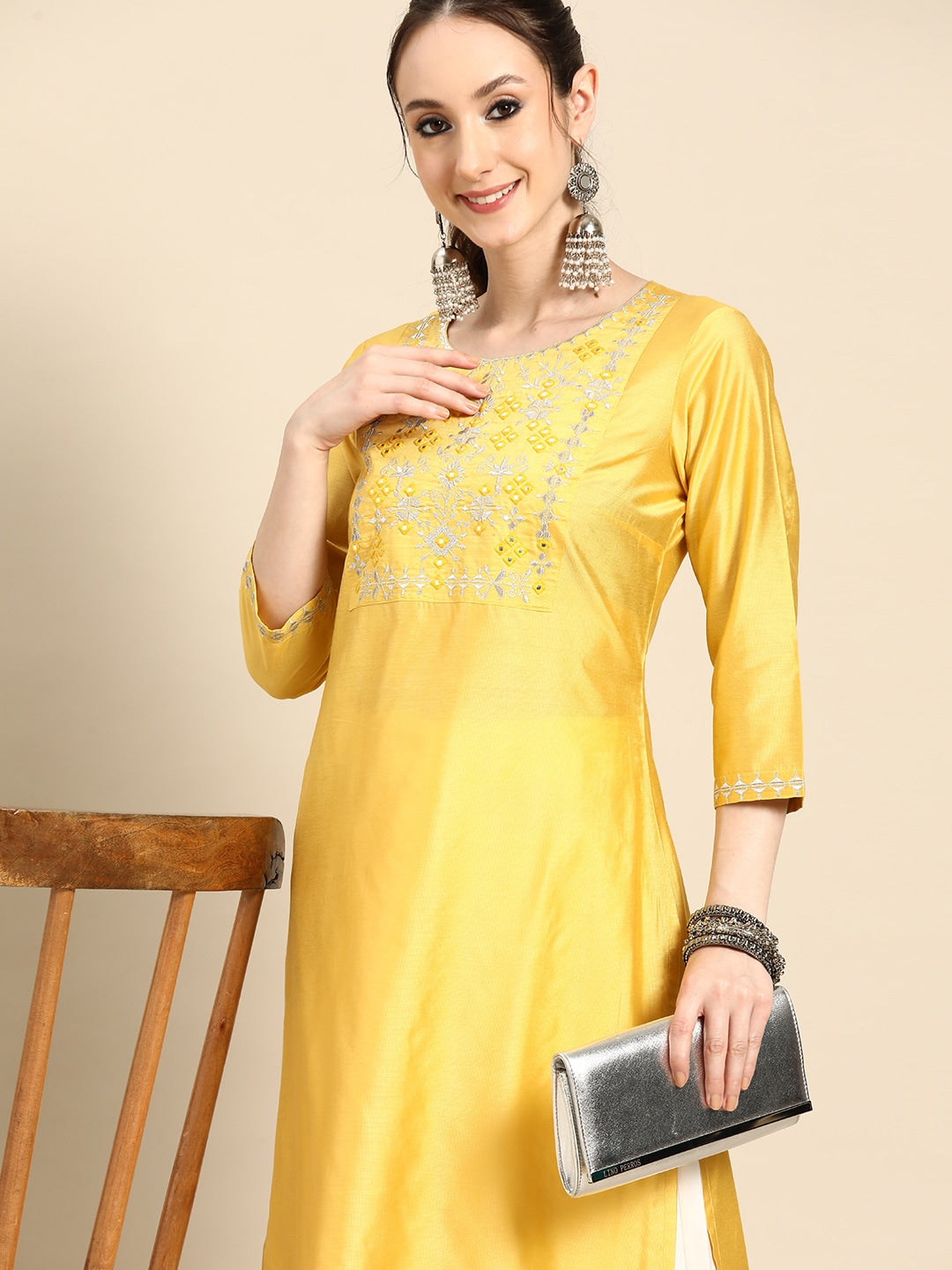 Sangria Women Ethnic Motifs Embroidered Mirror Work Pastels Kurta | Grocsy