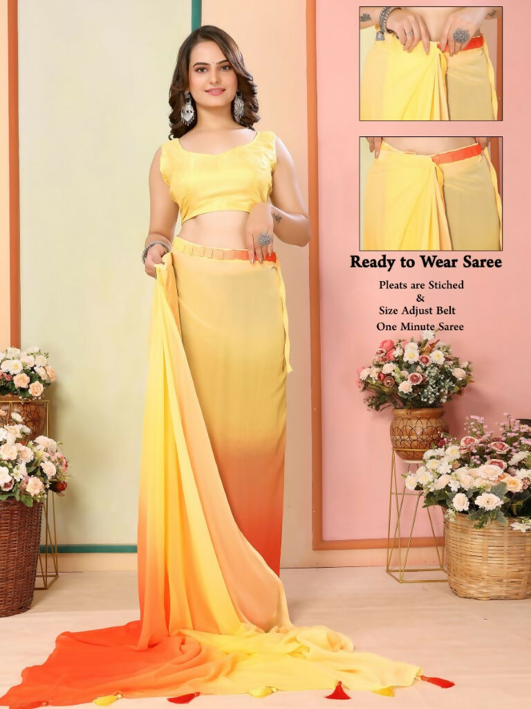 Yellow Georgette Pedding Color Printed Ready To Wear Saree - Aalaya | Grocsy