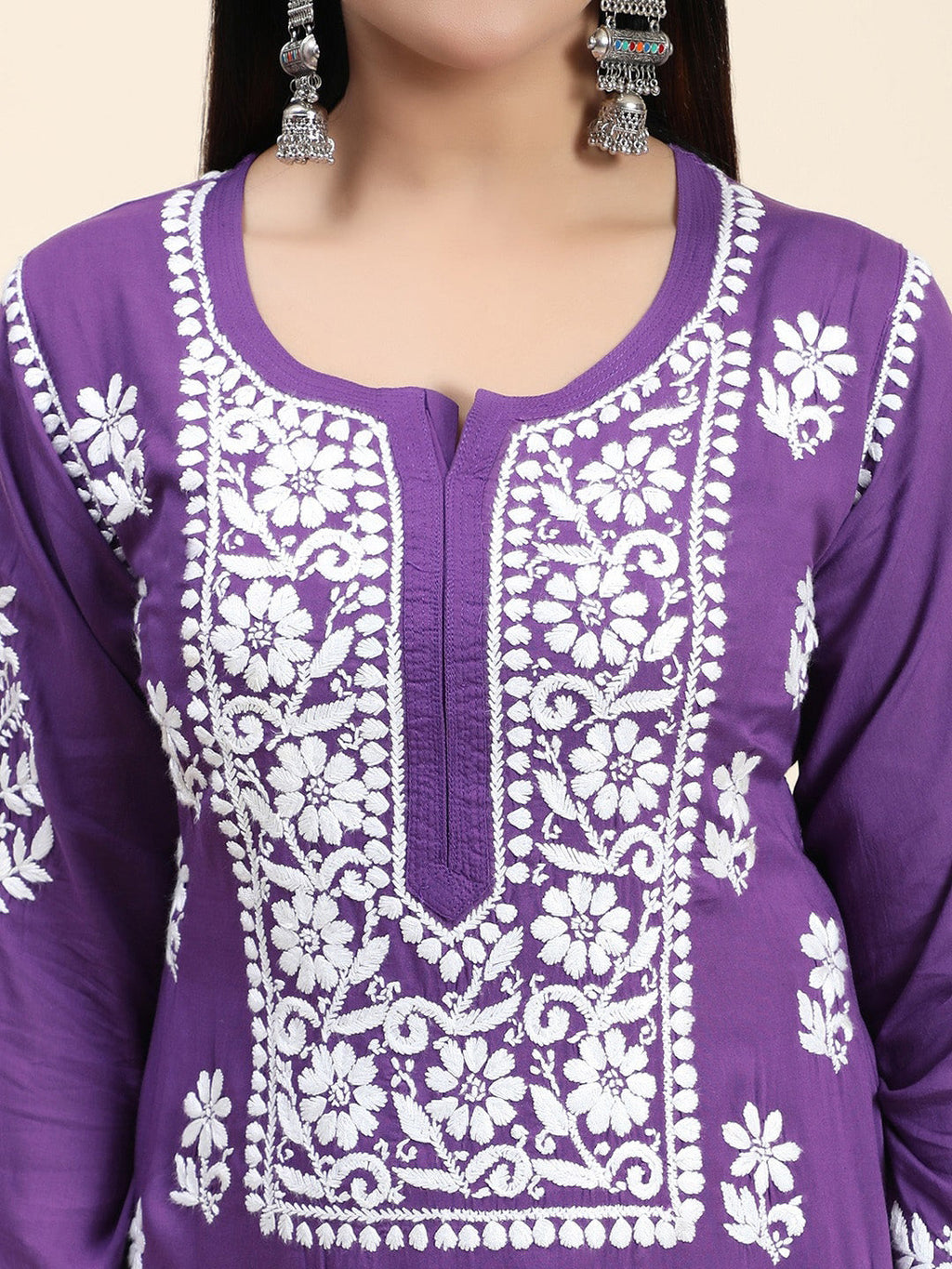 HOUSE OF KARI Women Purple Floral Embroidered Chikankari Pure Cotton Kurta with Palazzos | Grocsy