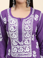 HOUSE OF KARI Women Purple Floral Embroidered Chikankari Pure Cotton Kurta with Palazzos | Grocsy