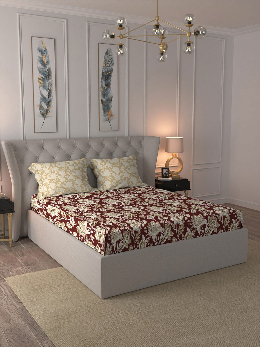 MYTRIDENT Red White Ethnic Motifs Cotton 120 TC Queen Bedsheet With 2 Pillow Covers | Grocsy