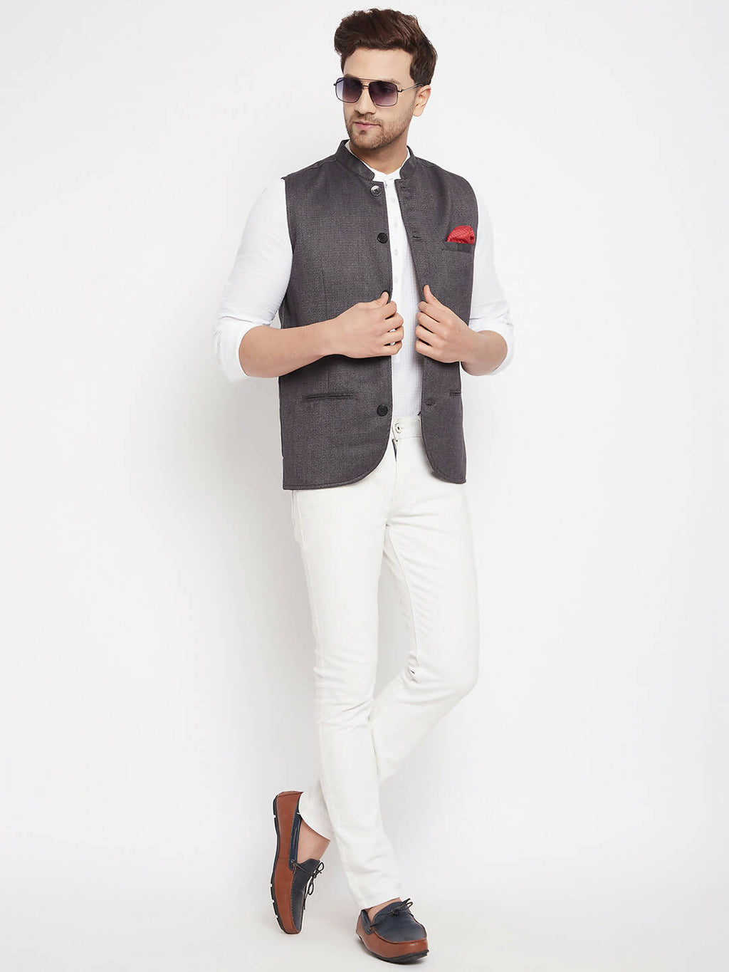 Even Apparels Grey Merino Men Woven Nehru Jacket PW685 | Grocsy