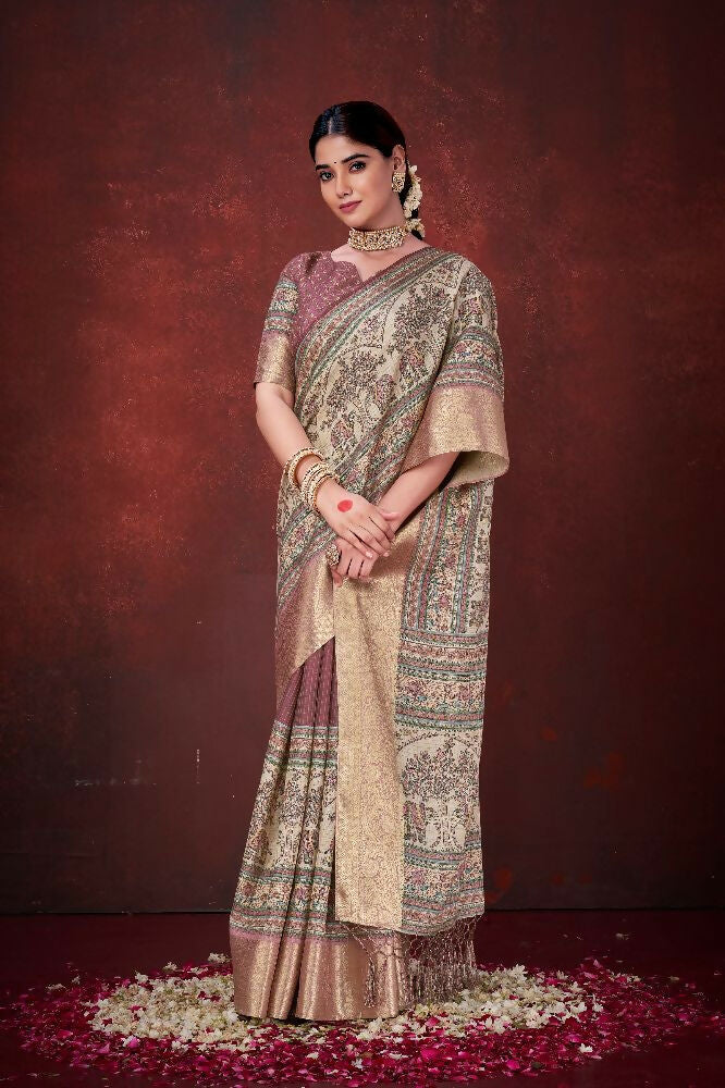 Pink Poly Habotai Silk Foil Print Saree with Unstitched Blouse - Kathari | Grocsy