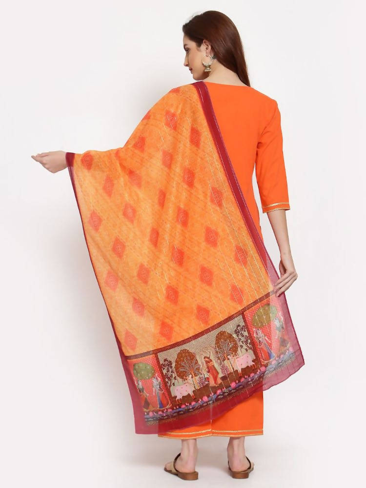 Myshka Women's Orange Solid Cotton 3/4 Sleeve Round Neck Casual Kurta Pant Dupatta Set | Grocsy
