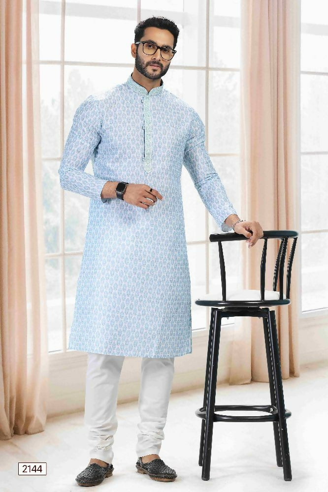 Raivat Ethnic Cotton Thread Work Kurta Pajama In Sky Blue Colour | Grocsy