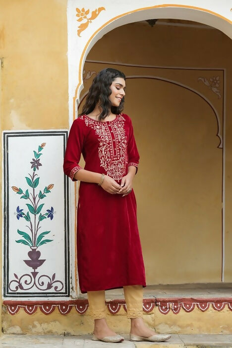 Juniper Maroon Ethnic Motif Printed Velvet Straight Kurta With Zari Work Embroidery | Grocsy