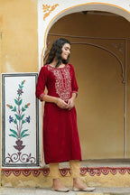 Juniper Maroon Ethnic Motif Printed Velvet Straight Kurta With Zari Work Embroidery | Grocsy