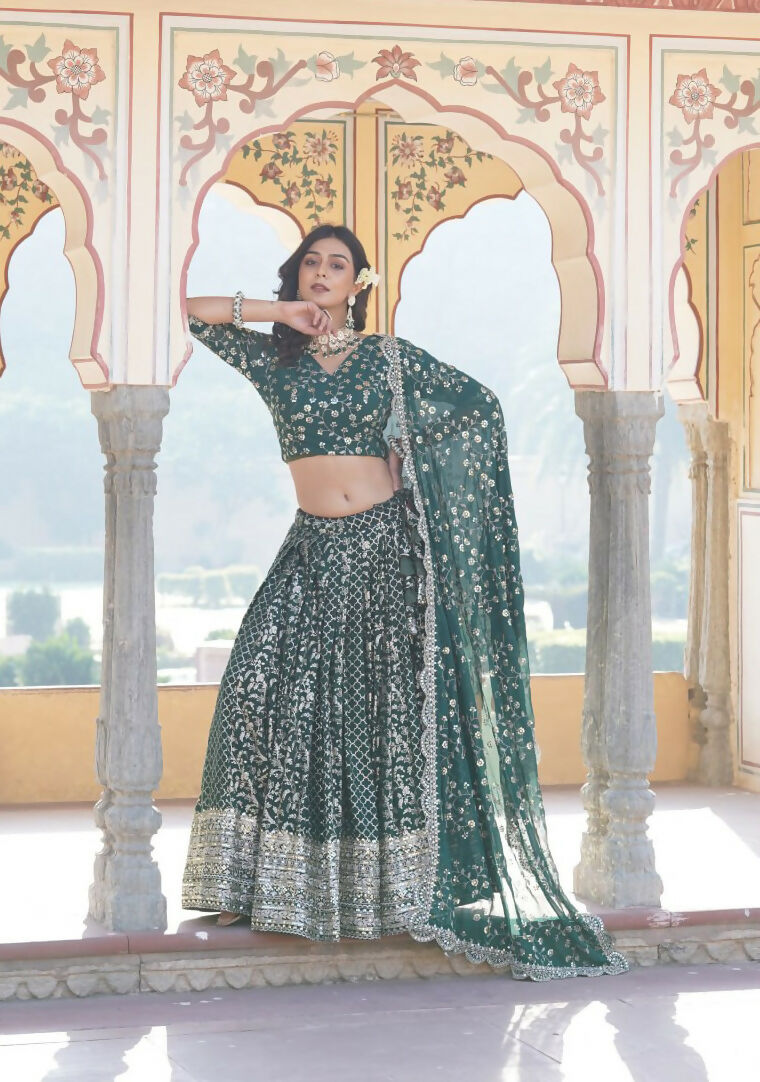 Lorenvalley Green Pure Viscose Jacquard With Embroidered Sequins work Lehenga Choli | Grocsy