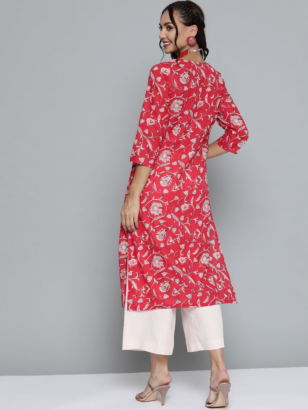 HERE&NOW Women Pink & Off White Pure Cotton Ethnic Motifs Printed Straight Kurta | Grocsy