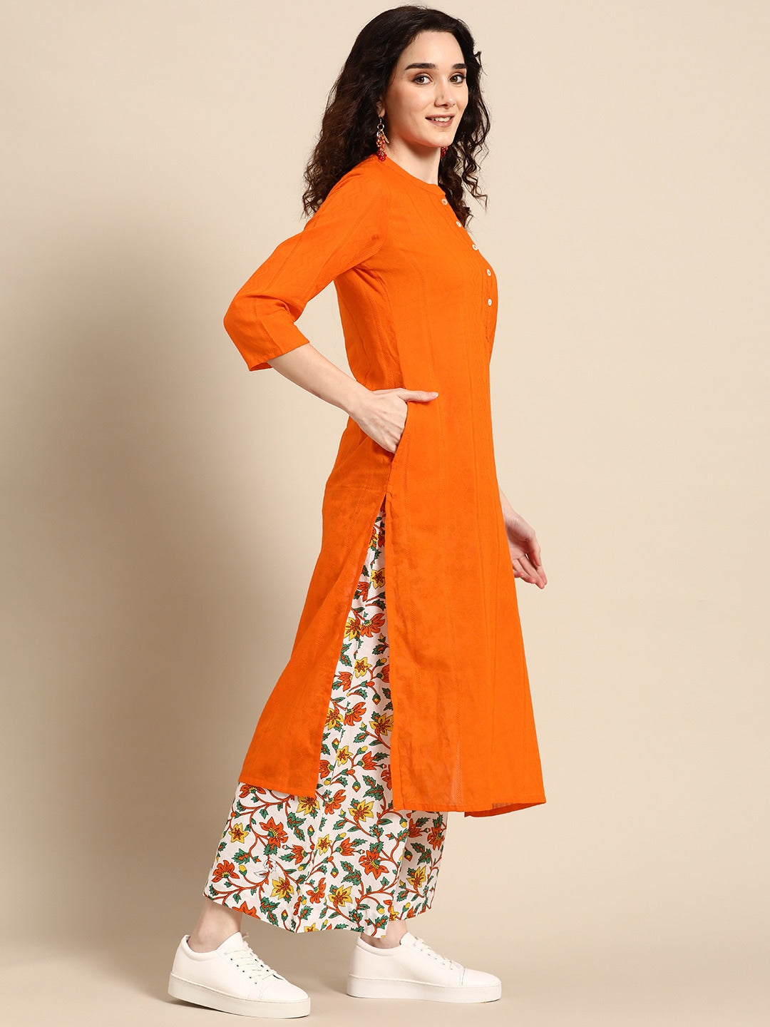 Sangria Women Orange Pure Cotton Kurta with Palazzos | Grocsy