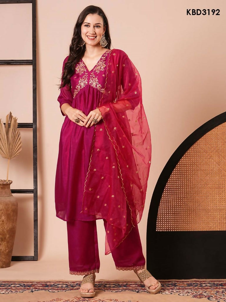 Pink Vichitra Silk Embroidery Work Kurta Set - Riya | Grocsy