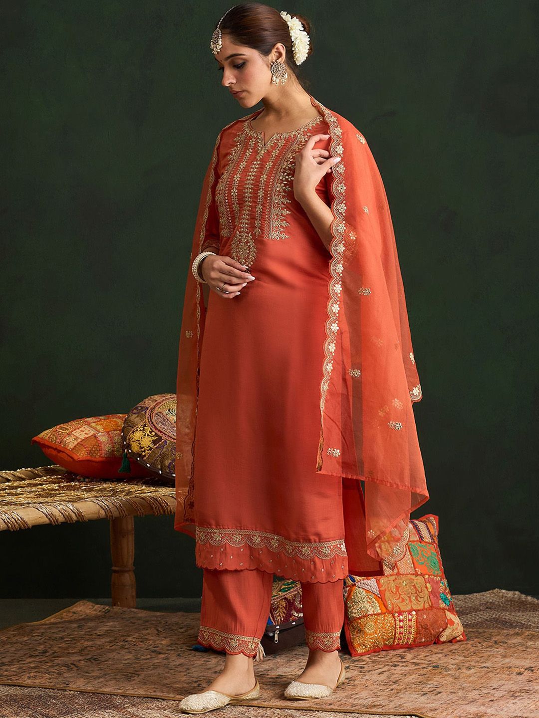 Indo Era Women Ethnic Motifs Embroidered Regular Gotta Patti Kurta with Trousers & With Dupatta | Grocsy