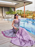 Tikhi Imli Mauve Abstract Printed Satin Half and Half Saree | Grocsy