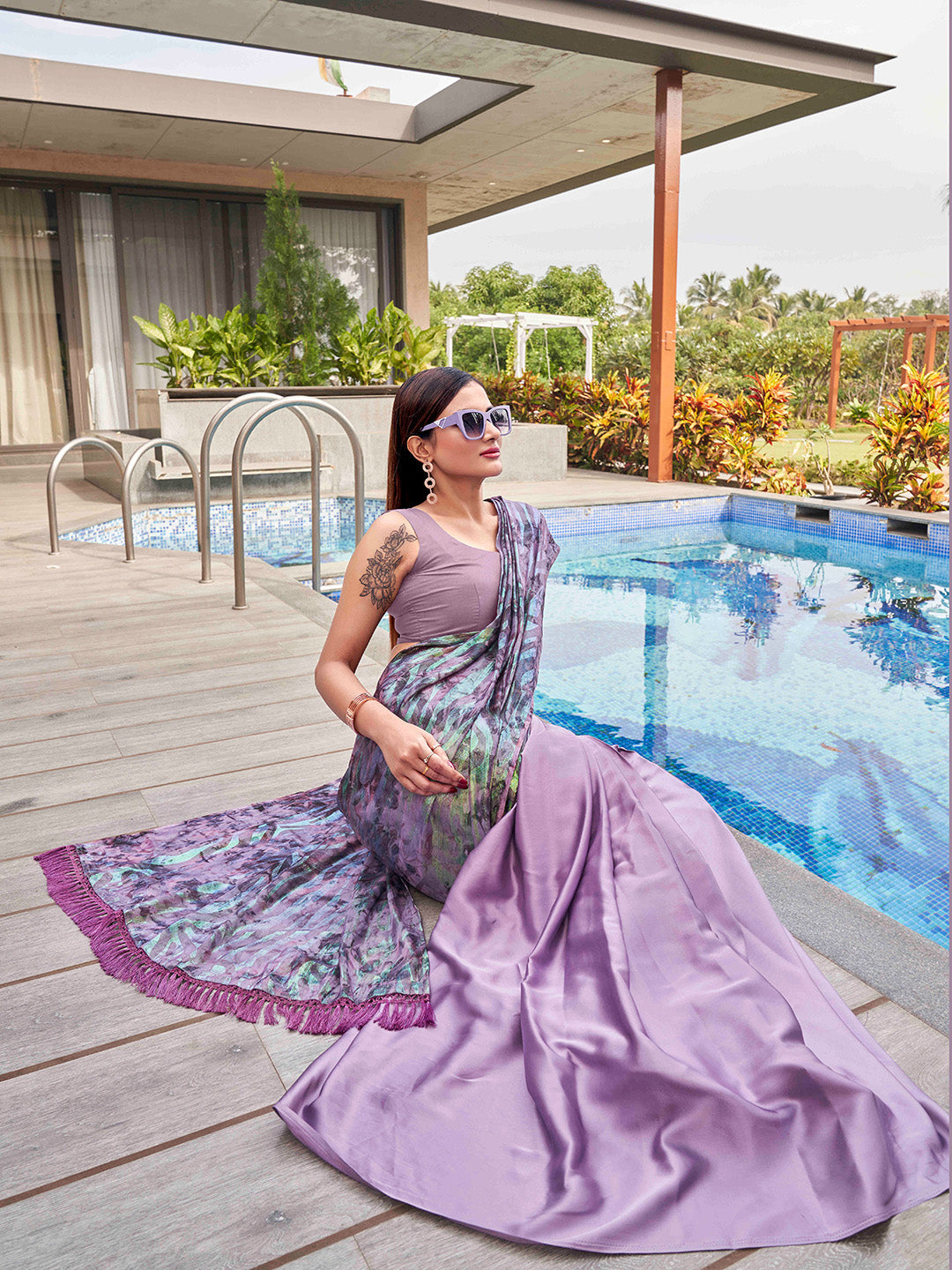 Tikhi Imli Mauve Abstract Printed Satin Half and Half Saree | Grocsy